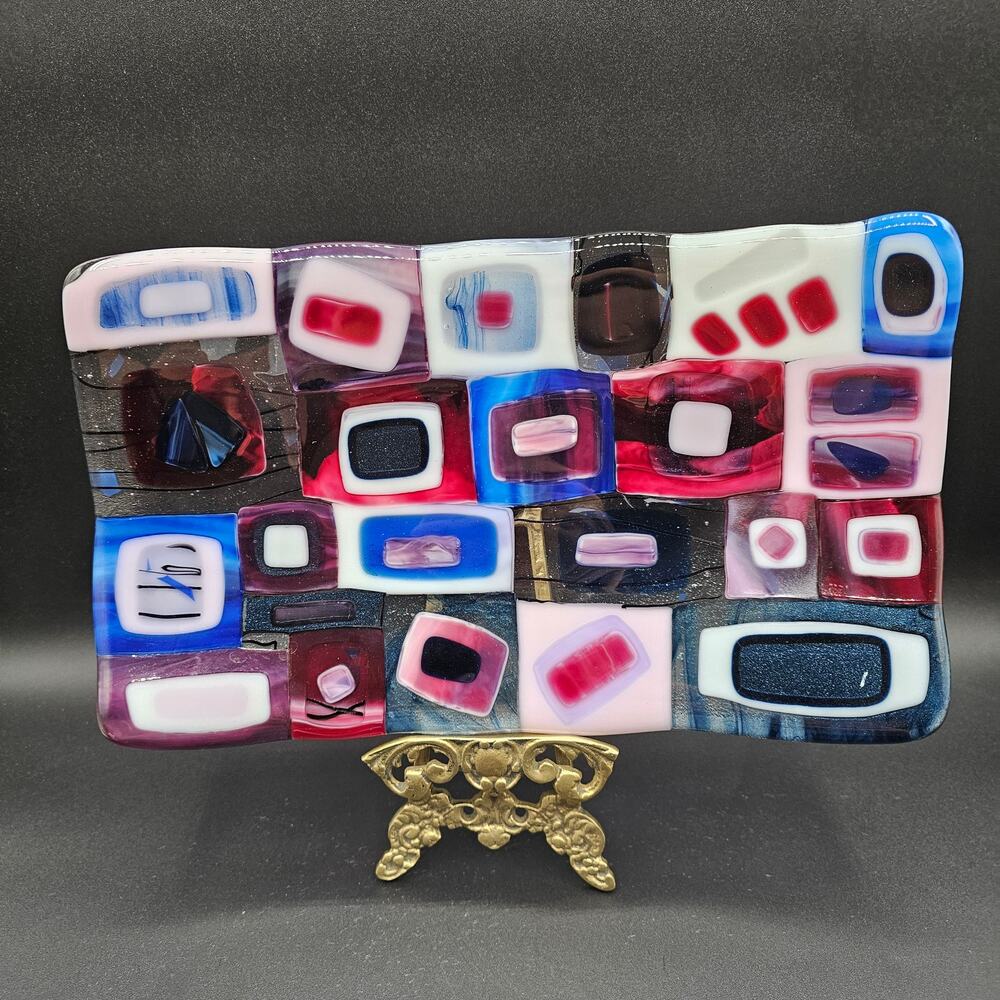 Stunning Fused Glass Platter Gemetric Design 12"x7" (30.48cmx17.78cm) Multicolor